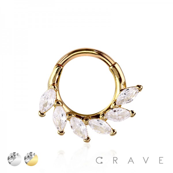 316L SURGICAL STEEL MARQUISE WAVE FAN SEPTUM HINGED SEGMENT HOOP RING